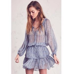 $398 LoveShackFancy Blue Veranda Silk Floral Tie Dress